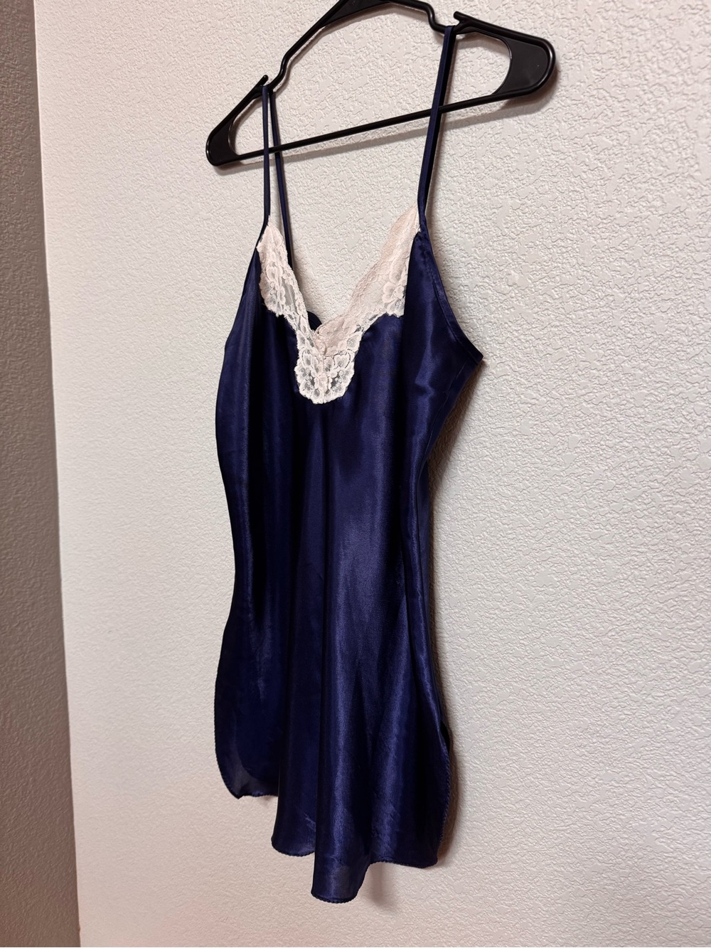 Vintage 90s Lace Trim V Neck Satin Mini Slip Dress Navy Women’s M Y2K Lingerie - Picture 2 of 8